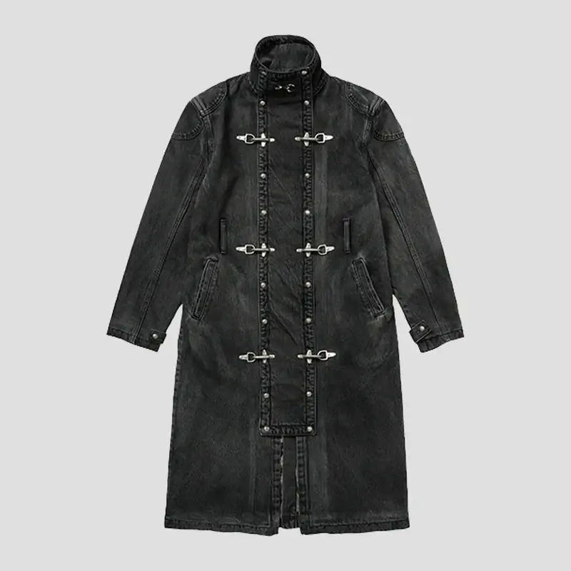 Thug Club Bio Soldier Denim Trench Coat Front view of Thug Club Bio Soldier Denim Trench Coat