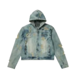 Front view of Thug Club Denim Blue Zip-up Hoodie with denim-inspired design
