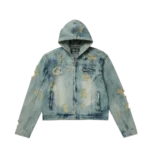 Front view of Thug Club Denim Blue Zip-up Hoodie with denim-inspired design