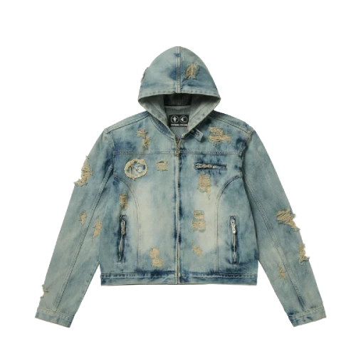 Front view of Thug Club Denim Blue Zip-up Hoodie with denim-inspired design