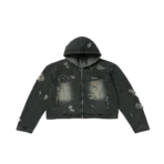 Front view of Thug Club Denim Zip-up Hoodie with denim-inspired streetwear design
