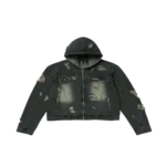 Front view of Thug Club Denim Zip-up Hoodie with denim-inspired streetwear design
