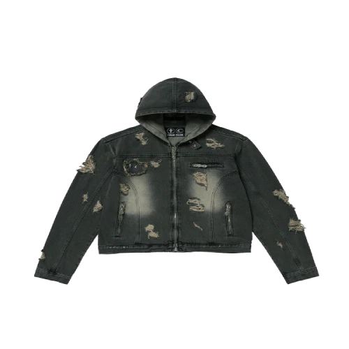 Front view of Thug Club Denim Zip-up Hoodie with denim-inspired streetwear design