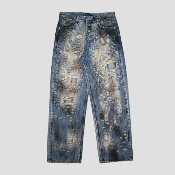 Front view of Thug Club Distressed Denim Jeans with heavy ripped streetwear design