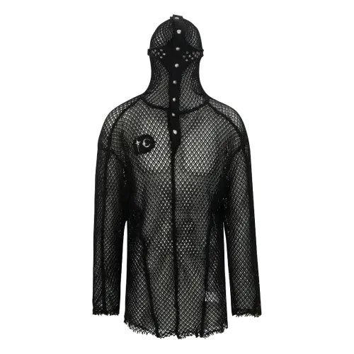 Front view of Thug Club Full Face Mesh Black Hoodie with unique mesh hood design