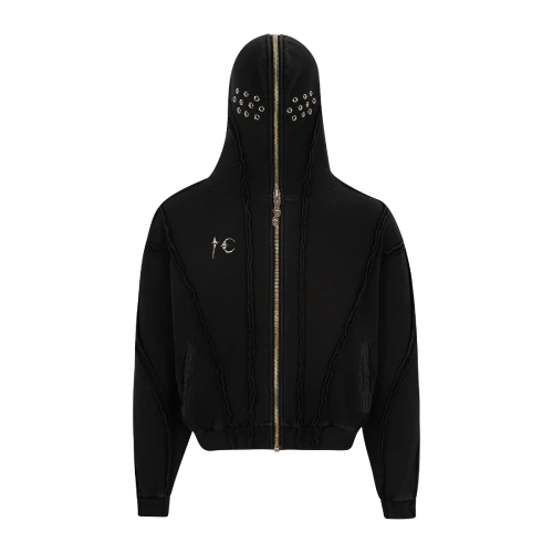 Front view of Thug Club Full Zip Mask Black Hoodie with a unique mask hood design