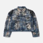 Thug Club Hard-Washed Damaged Denim Jacket front view with distressed finish
