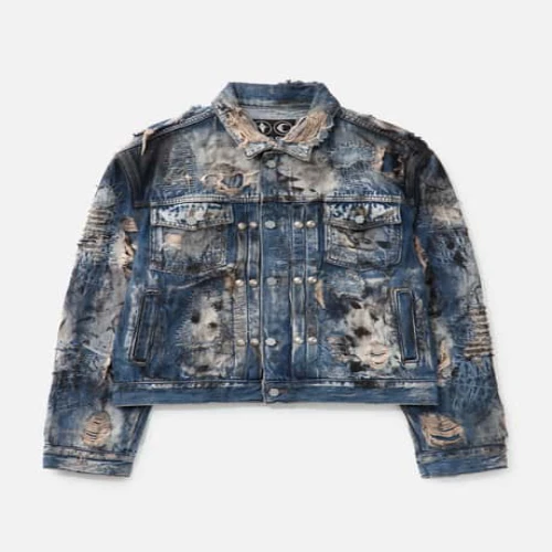 Thug Club Hard-Washed Damaged Denim Jacket front view with distressed finish