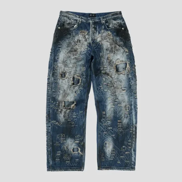 Front view of Thug Club Hard-Washed Damaged Denim Pant featuring distressed streetwear styling