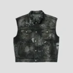 Front view of Thug Club Hard-Washed Damaged Denim Vest Jacket