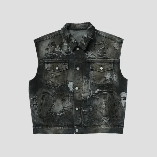 Front view of Thug Club Hard-Washed Damaged Denim Vest Jacket