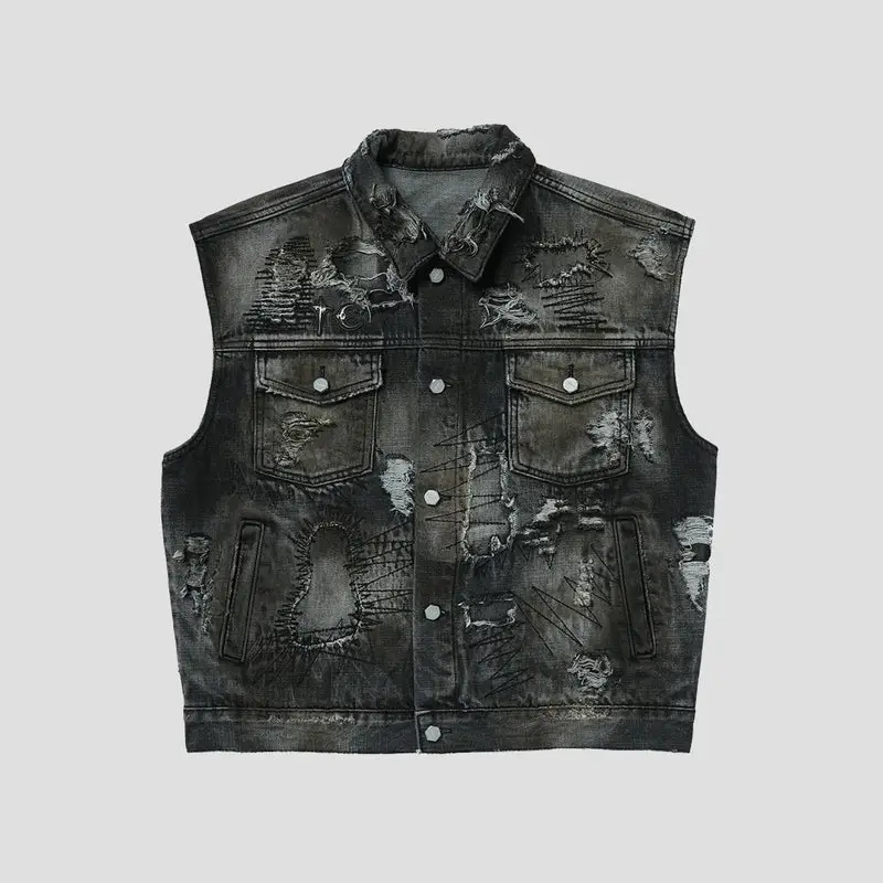 Thug Club Hard-Washed Damaged Denim Vest Jacket Front view of Thug Club Hard-Washed Damaged Denim Vest Jacket