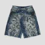Front view of Thug Club Hard Washed Destroyed Blue Denim Shorts