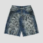 Front view of Thug Club Hard Washed Destroyed Blue Denim Shorts