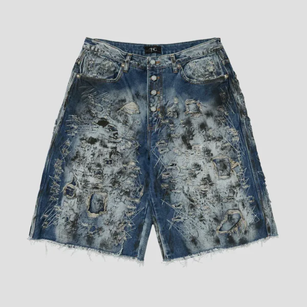 Front view of Thug Club Hard Washed Destroyed Blue Denim Shorts