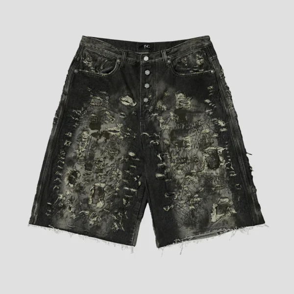 Front view of Thug Club Hard Washed Destroyed Denim Shorts