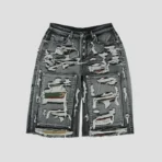 Front view of Thug Club Hell Camo Black Denim Short with premium black camo design