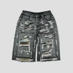 Front view of Thug Club Hell Camo Black Denim Short with premium black camo design