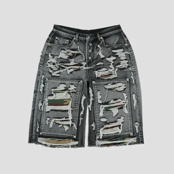 Front view of Thug Club Hell Camo Black Denim Short with premium black camo design
