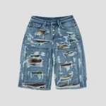 Front view of Thug Club Hell Camo Denim Shorts with premium camo design