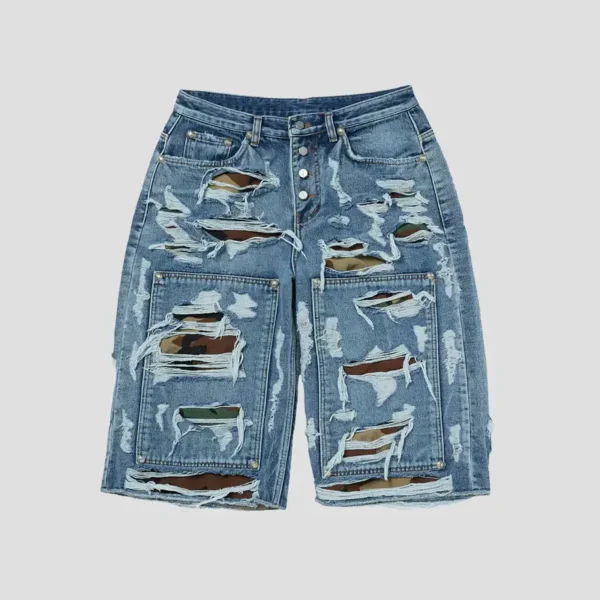 Front view of Thug Club Hell Camo Denim Shorts with premium camo design