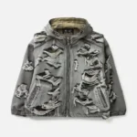 Front view of Thug Club Hell Denim Camo Hooded Zip-Up Hoodie
