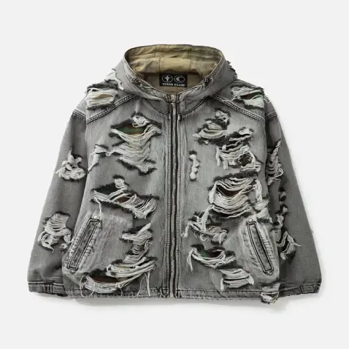 Front view of Thug Club Hell Denim Camo Hooded Zip-Up Hoodie