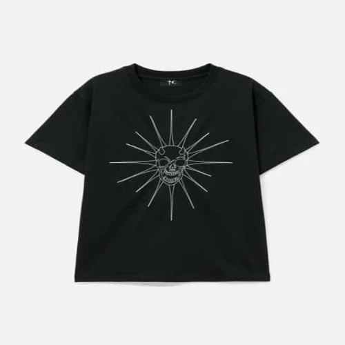 Front view of Thug Club Riding Skull Stitch Black T-Shirt