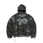 Front view of Thug Club Sprayed Camo flag Rock Hoodie with artistic camouflage design