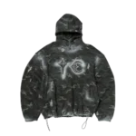 Front view of Thug Club Sprayed Camo flag Rock Hoodie with artistic camouflage design