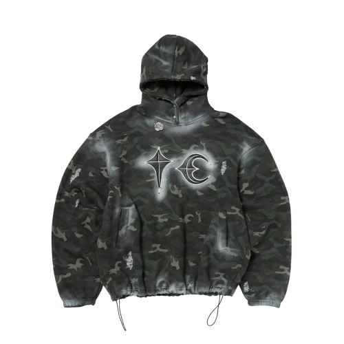 Front view of Thug Club Sprayed Camo flag Rock Hoodie with artistic camouflage design