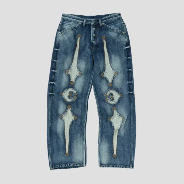 Front view of Thug Club TC Bone Leather Denim Jeans with premium leather bone detailing