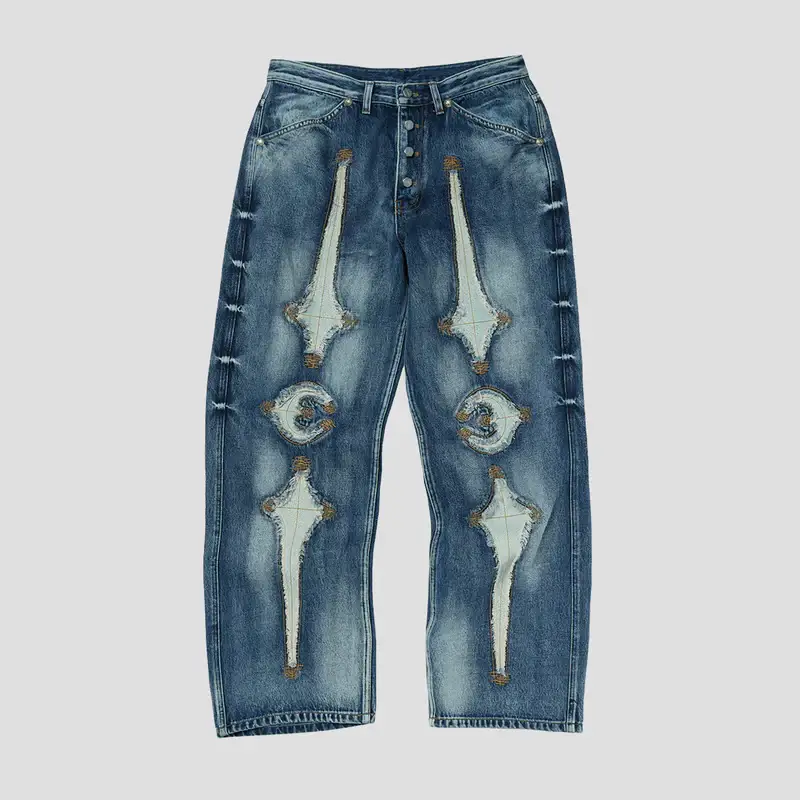 Thug Club TC Bone Leather Denim Jeans Front view of Thug Club TC Bone Leather Denim Jeans with premium leather bone detailing