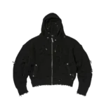 Front view of Thug Club TC Destroyed Knit Zip-Up Hoodie with distressed knit texture