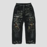 Front view of Thug Club Vintage-Stitched Camo Black Denim Pant with premium stitching