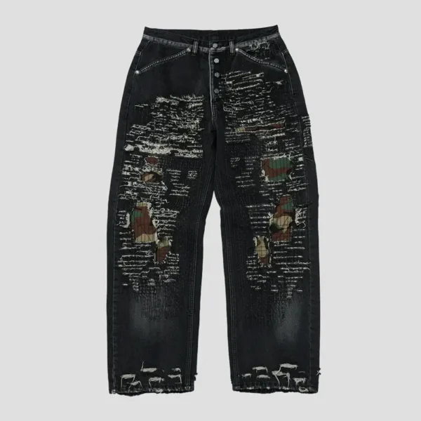 Front view of Thug Club Vintage-Stitched Camo Black Denim Pant with premium stitching