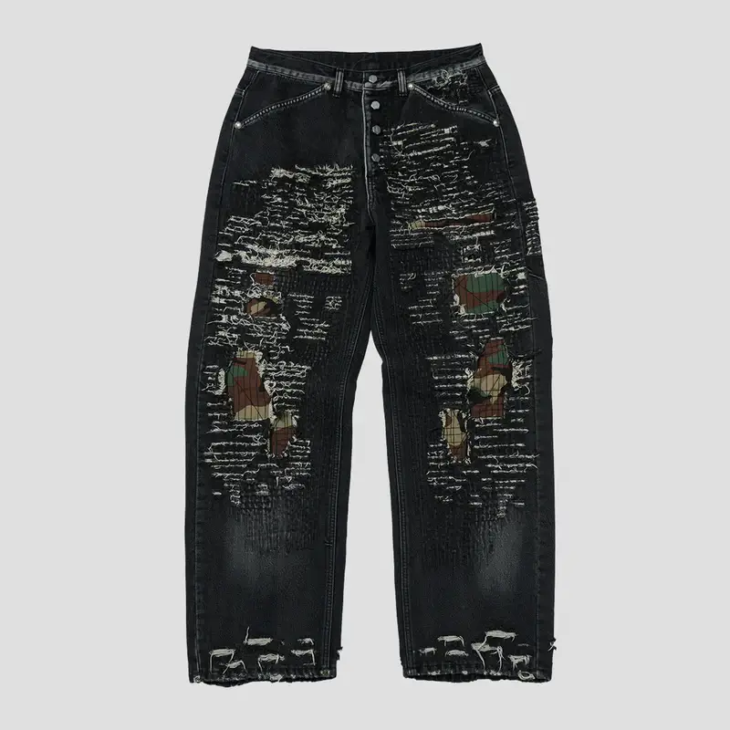 Thug Club Vintage-Stitched Camo Black Denim Pant Front view of Thug Club Vintage-Stitched Camo Black Denim Pant with premium stitching